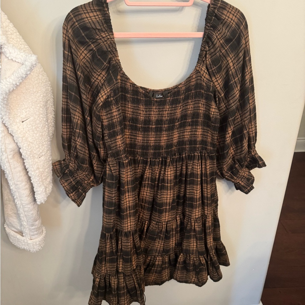 Lulu's Plaid Mini Dress in Black and Tan